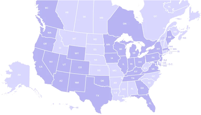 Map of the United States and parts of Canada with state and province abbreviations, showing where Nav employees reside using varying shades of purple