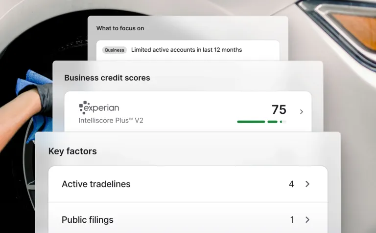 Nav website UI showing Business Credit Scores and Key Factors.