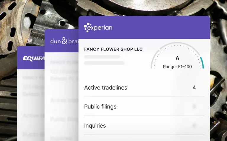 Nav website UI showing Experian, Equifax, and Dun & Bradstreet business credit reports for Fancy Flower Shop LLC.