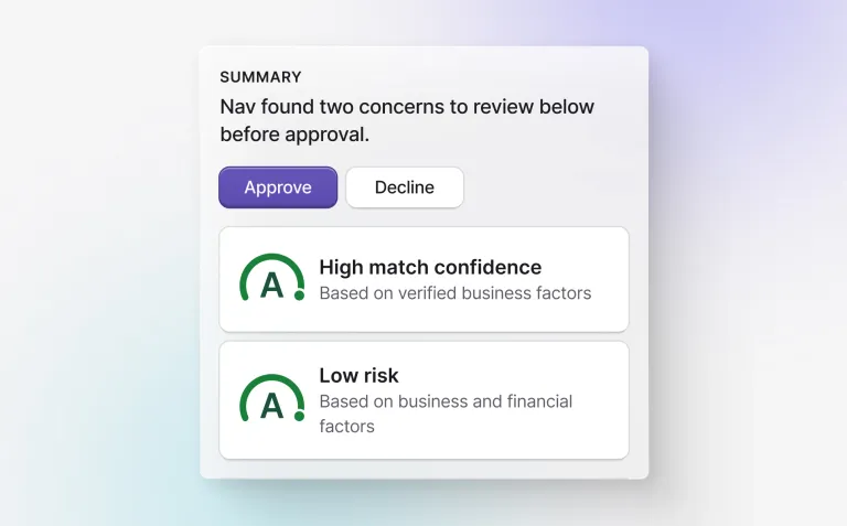 Nav approval summary showing high match confidence and low risk based on verified business factors.