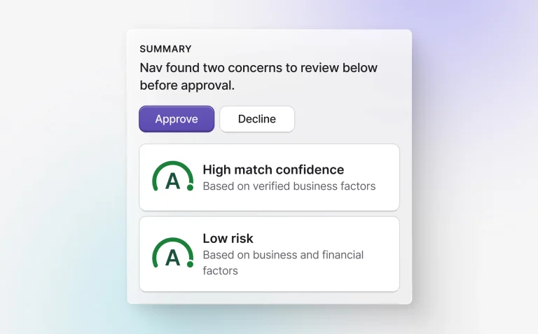 Nav approval summary showing high match confidence and low risk based on verified business factors.