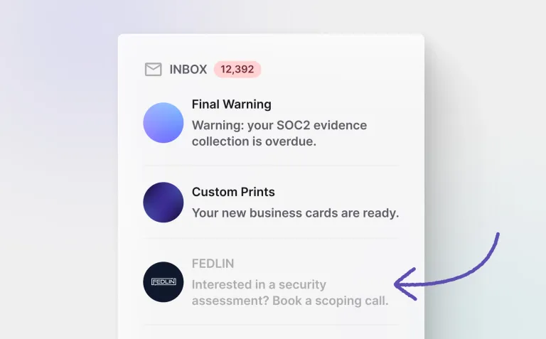 Inbox interface highlighting a FEDLIN security assessment message among business notifications.