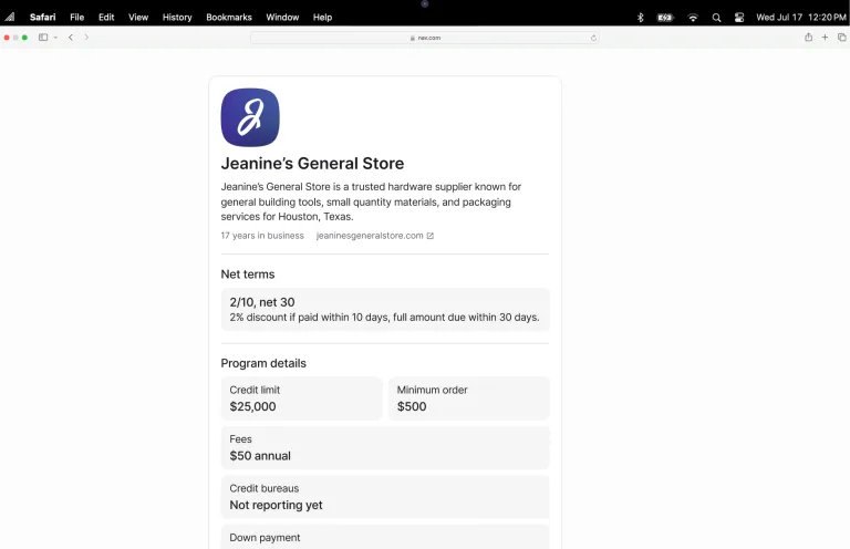 Desktop view of a Nav trade credit application for Jeanine’s General Store showing net terms, credit limit, fees, and program details.