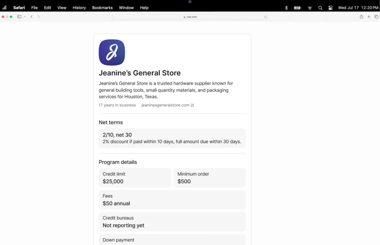 Desktop view of a Nav trade credit application for Jeanine’s General Store showing net terms, credit limit, fees, and program details.