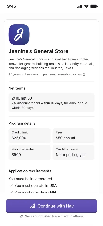 Mobile view of a Nav trade credit application for Jeanine’s General Store with net terms, fees, and application requirements.