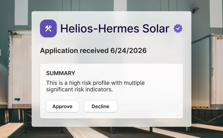 Application review screen for Helios-Hermes Solar showing high risk profile with approve or decline options.