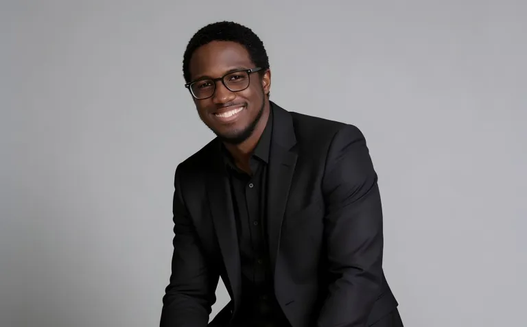Professional portrait of a smiling man in a black suit and glasses against a gray background.