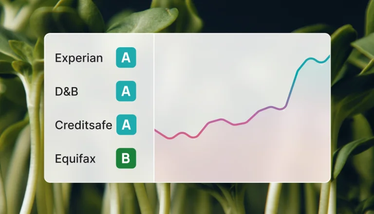 Simplified UI mockup showing business credit letter grades and a growth trend line for Experian, D&B, Creditsafe, and Equifax overlaid on green sprouts.