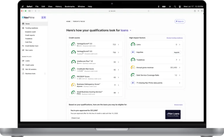 Laptop mockup displaying Nav's desktop platform with business credit scores, loan qualification metrics, and a pre-approved business line of credit offer.