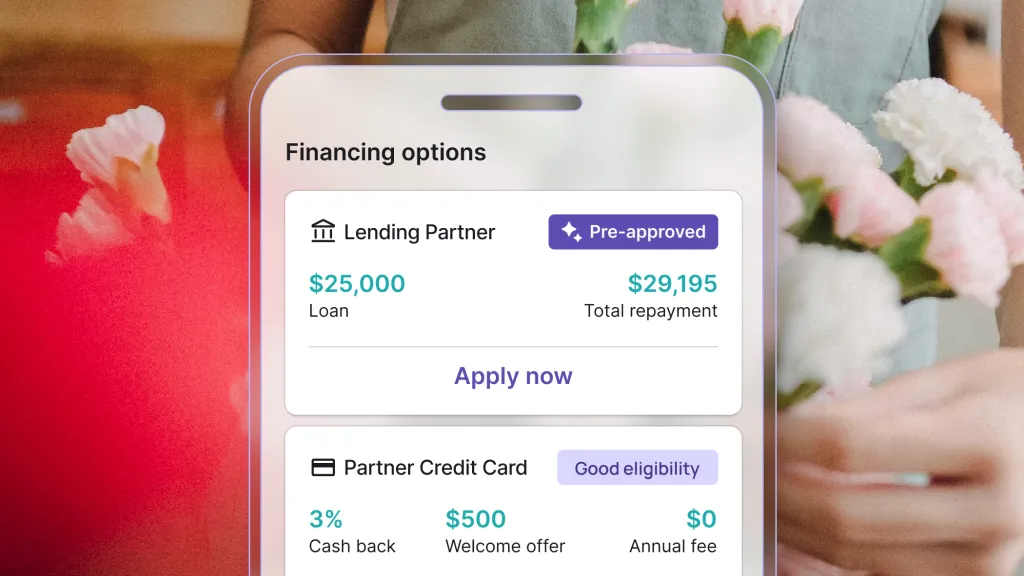 Nav mobile app screen showing pre-approved business loan and credit card financing options, over a floral background