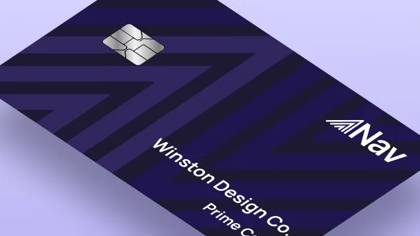 Close-up of Winston Design Co. Credit Builder Card with a purple design and blue background