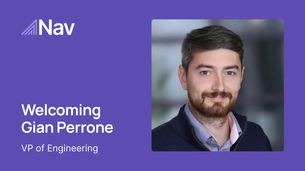 Nav welcome graphic introducing Gian Perrone as VP of Engineering, featuring his portrait on a purple background