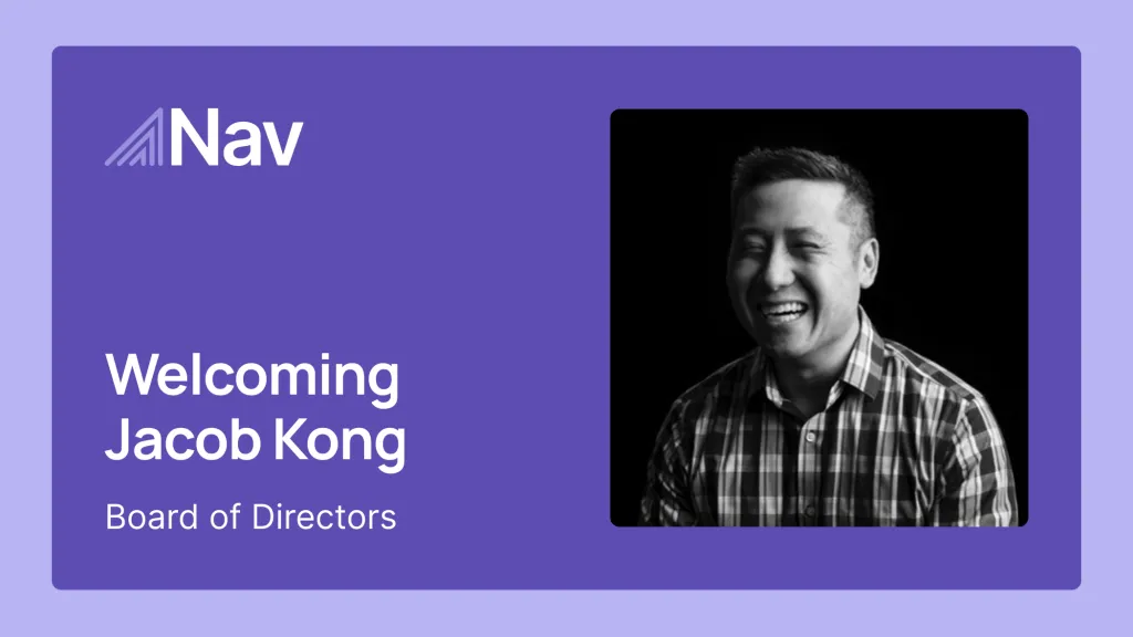 Nav announcement graphic welcoming Jacob Kong to the Board of Directors, with his black-and-white portrait