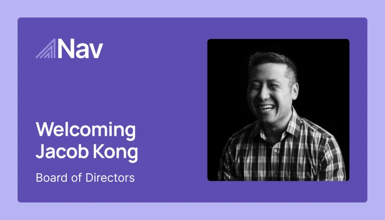 Nav announcement graphic welcoming Jacob Kong to the Board of Directors, with his black-and-white portrait