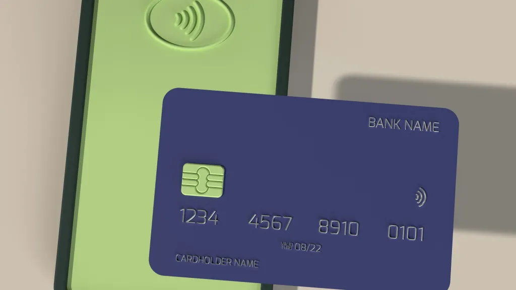 A blue credit card against a green phone screen accepting payment
