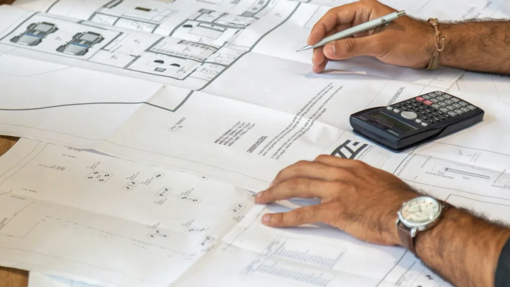 a team of people look at draft plans with a calculator