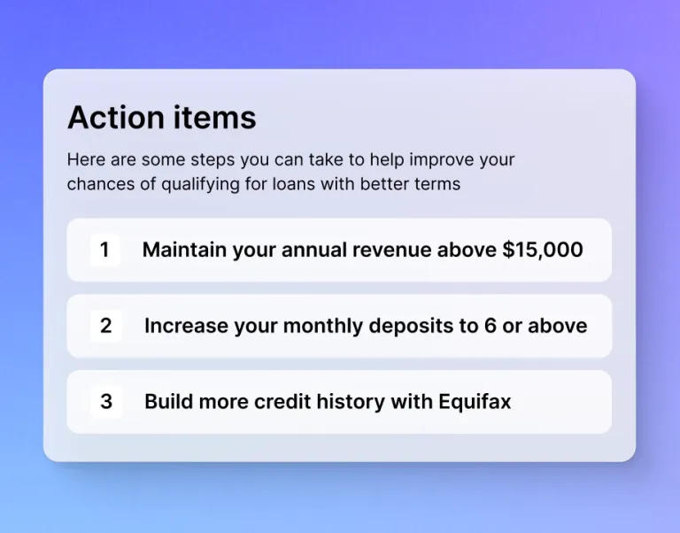 Simplified UI mockup card outlining personalized financial action items to build business credit and improve loan approval terms.