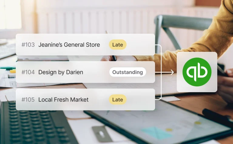 Outstanding and late invoices synced to QuickBooks from a business dashboard.