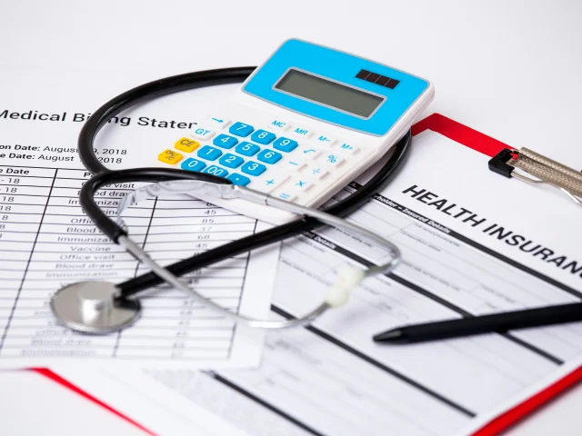 a desktop with a stethoscope, health insurance form and calculator