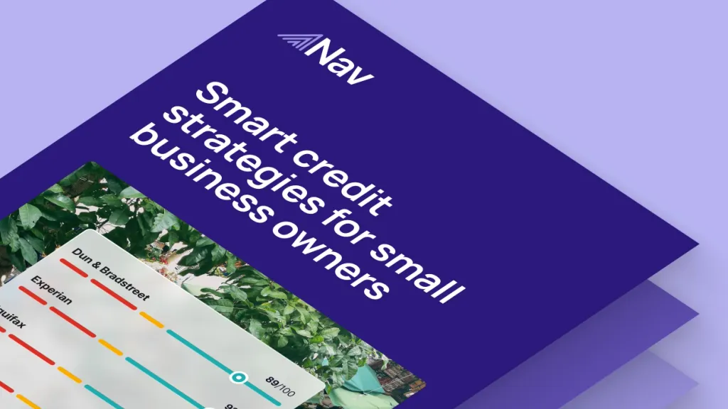 Nav guide cover titled “Smart credit strategies for small business owners” featuring credit score comparison graphics on a purple background.