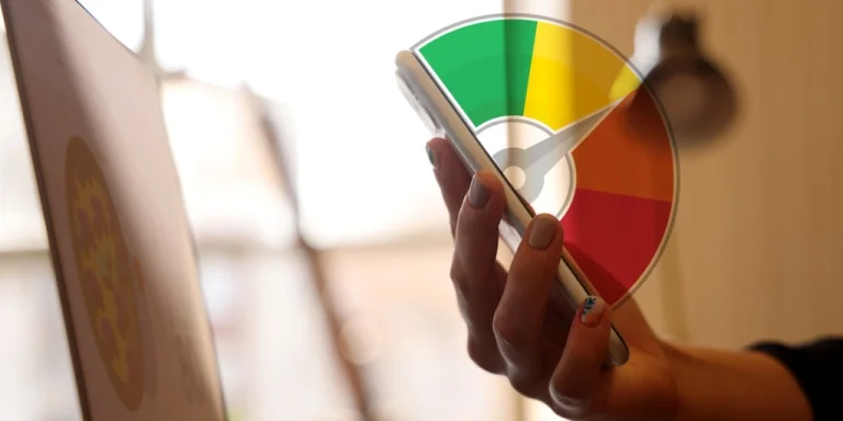 Person holding a cellphone with a credit score range graphic