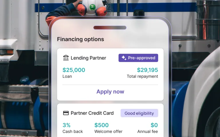 Business financing options screen showing pre-approved loan and credit card offers with eligibility details.