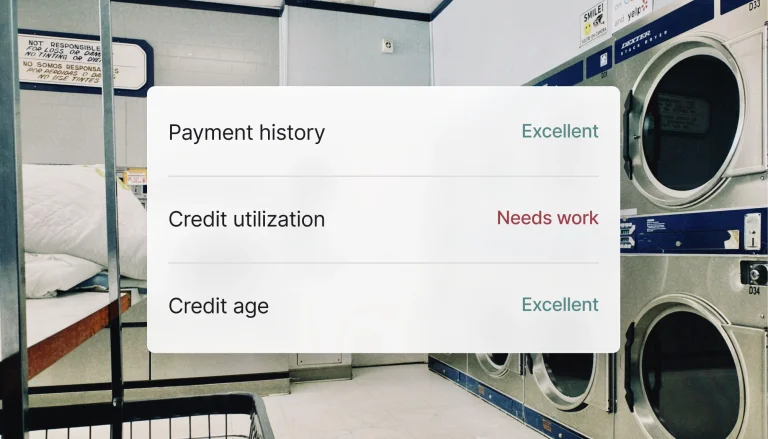 Credit health summary showing payment history as Excellent, credit utilization as Needs work, and credit age as Excellent over a background of a laundromat with industrial washers