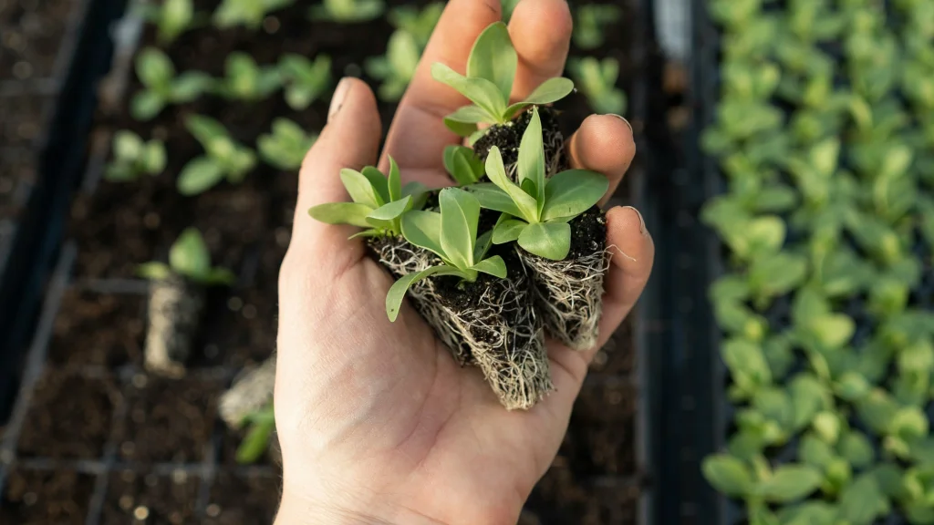 A hand holds a seedling in a greenhouse