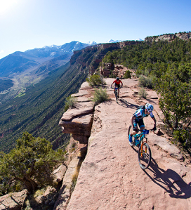 Two mountain bikers riding on top of a mountain