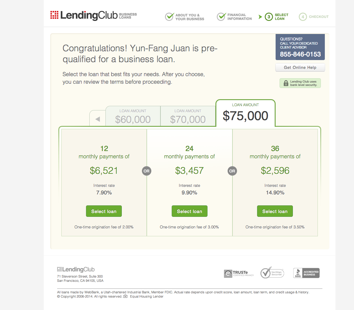 Screenshot of the lendingclub.com loan offers page