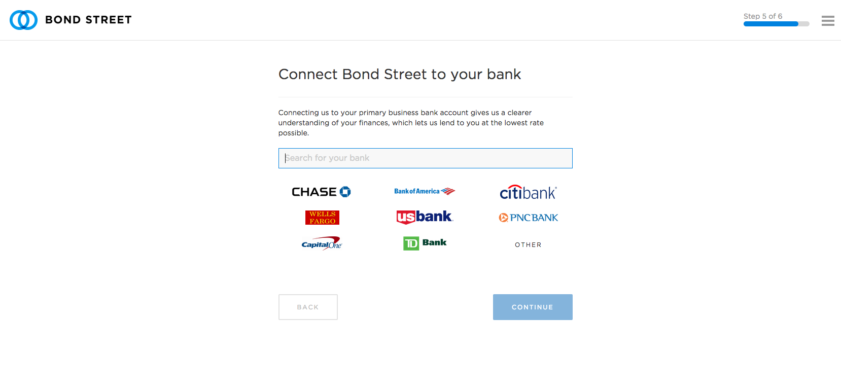 Screenshot of the bondstreet.com bank page