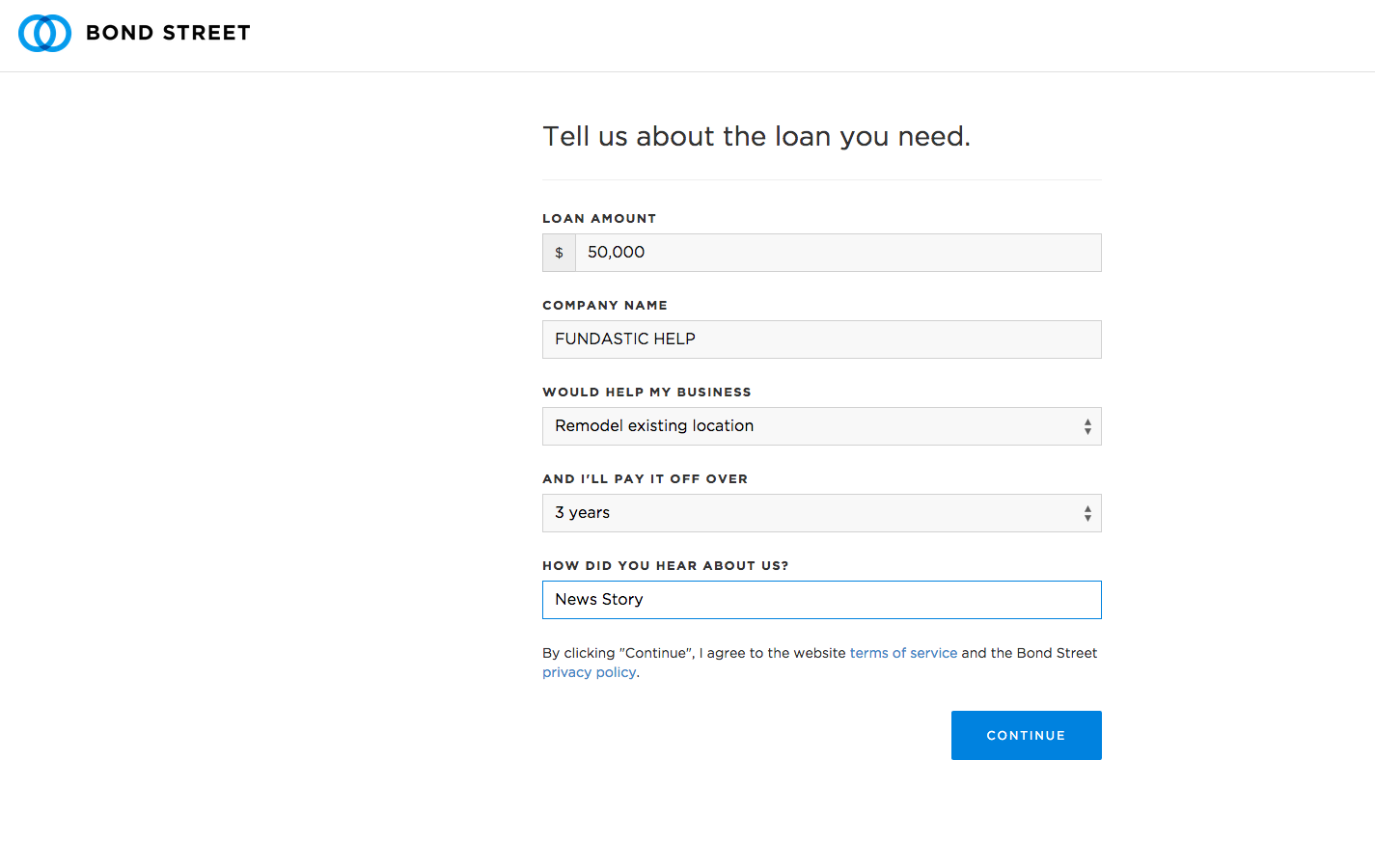 Screenshot of the bondstreet.com loan amount page