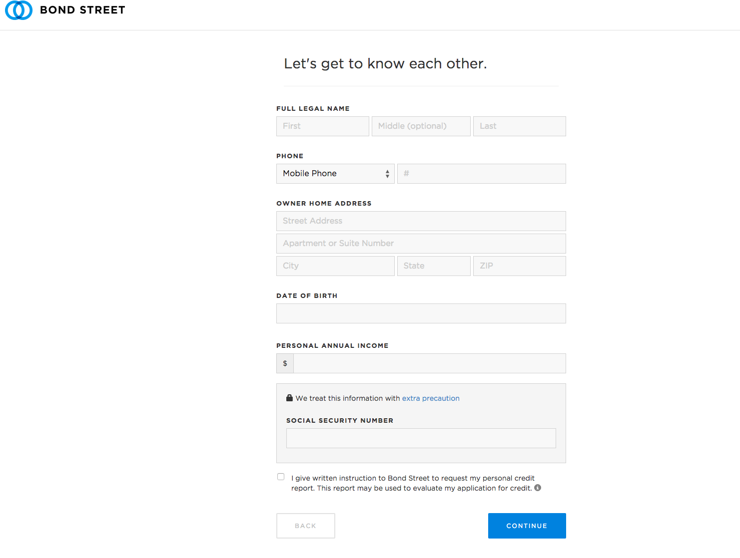 Screenshot of the bondstreet.com personal info page