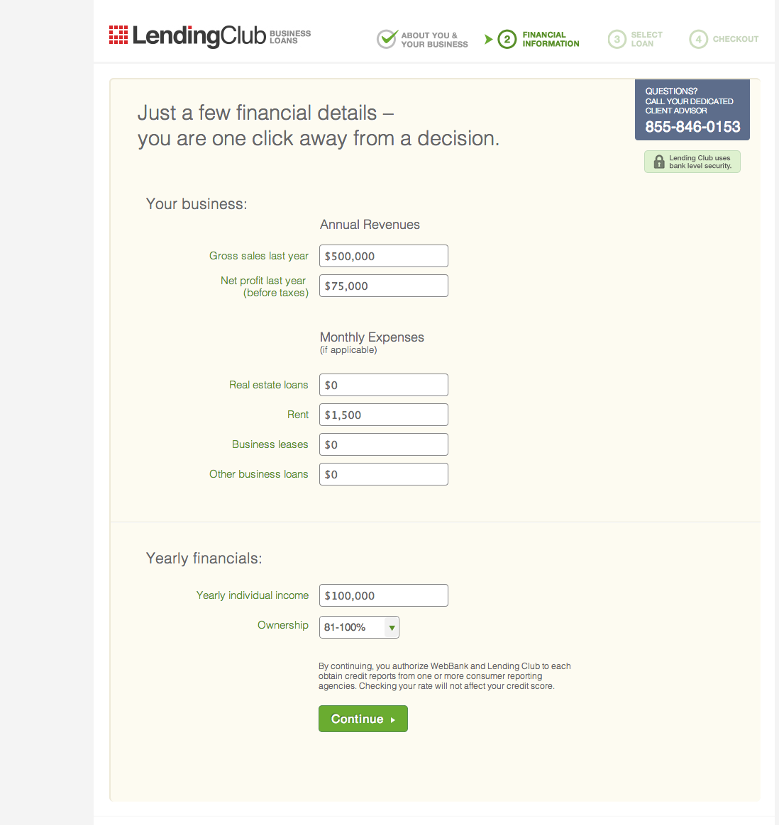 Screenshot of the lendingclub.com application page