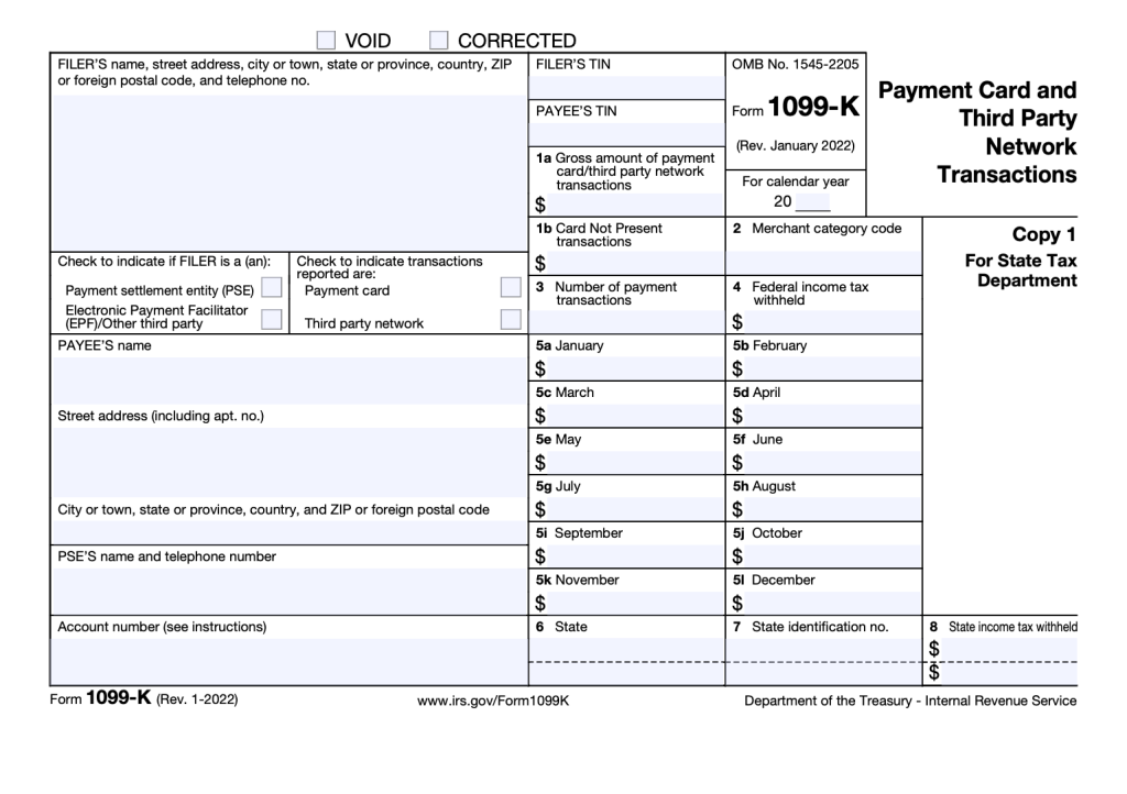 Screenshot of IRS Form 1099-K form to illustrate form fields