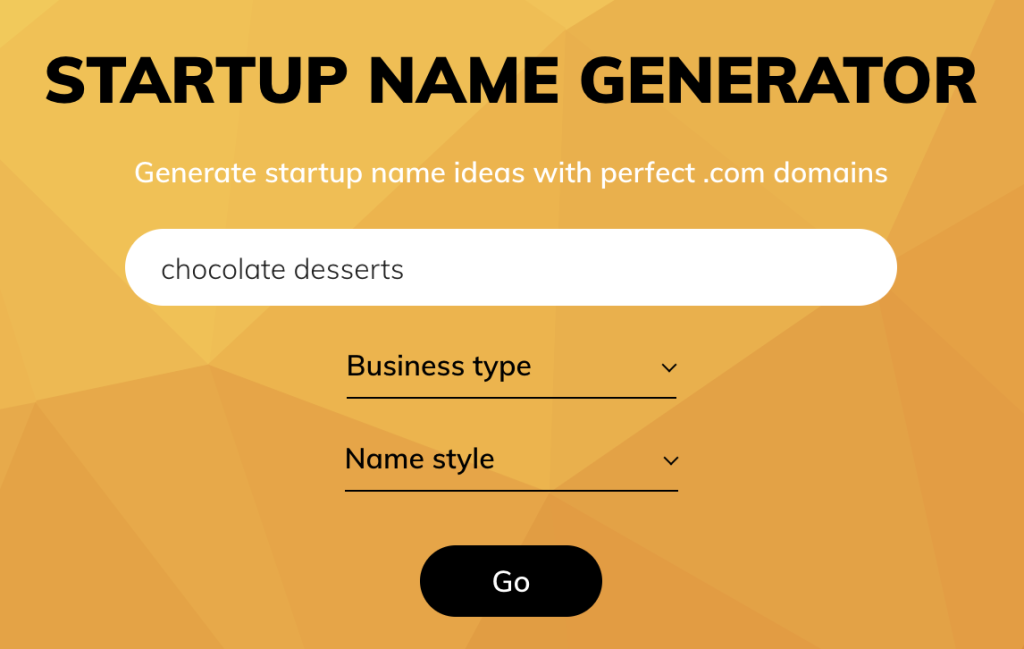 Screenshot of startup name generator from Novanym showing field to enter words for business name generator