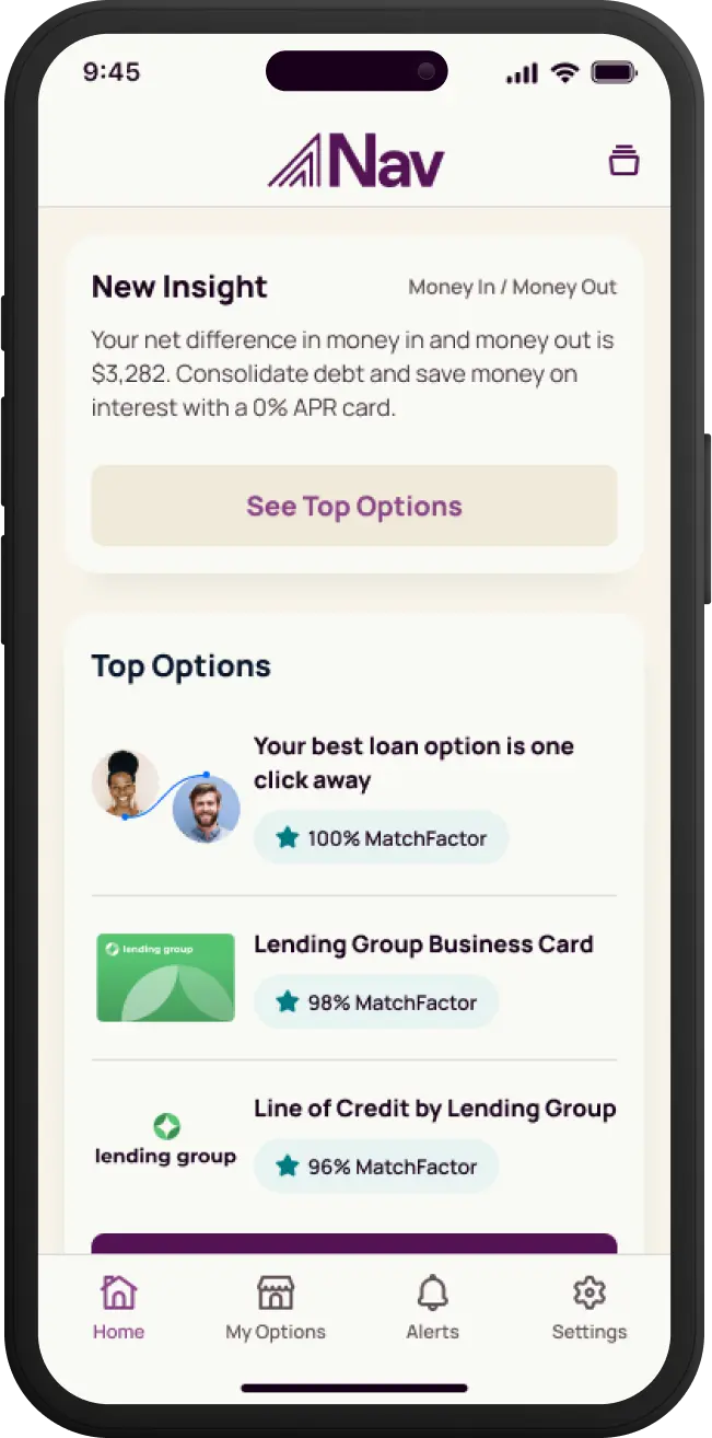 Nav Financial Health iPhone mobile app Top Options feature