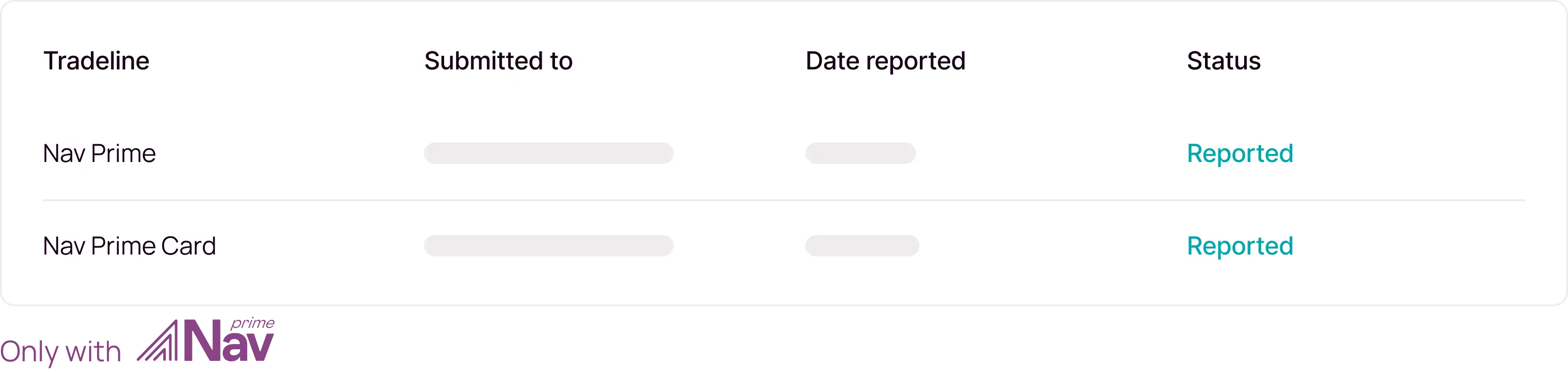 Example of Tradelines interface showing items reported